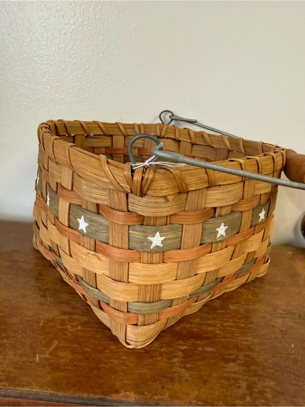 Vintage Heart Shaped Handwoven Basket w/ Wood Handle with painted stars